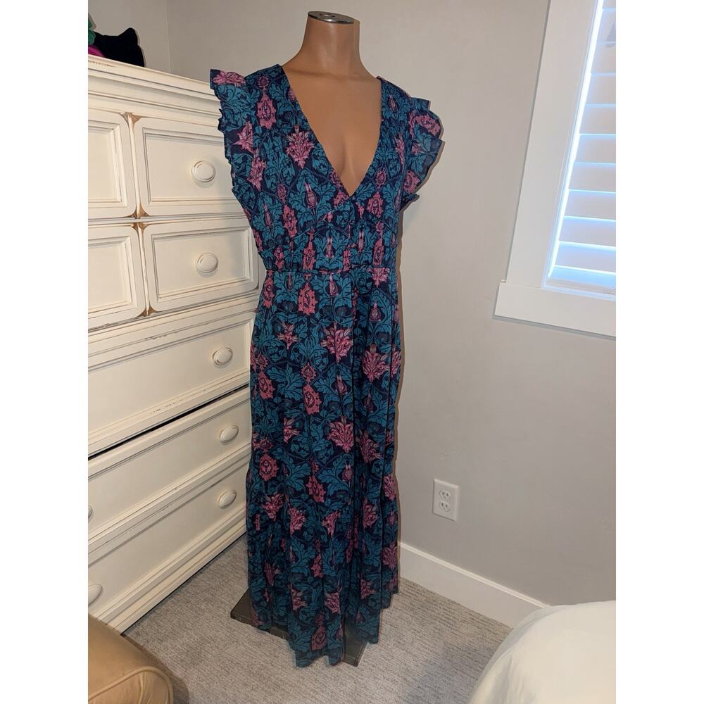 Anthropologie The Peregrine Midi Dress flutter sleeve teal green Motif Large NWT - Picture 11 of 13